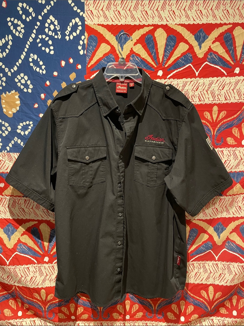 Men’s Black Short-Sleeve Indian motorcycle button up